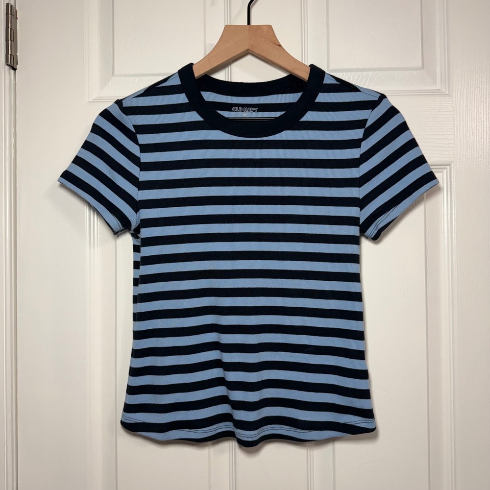Old Navy Snug Ribbed Striped Short Sleeve T-Shirt Baby Blue Navy Womens Size M